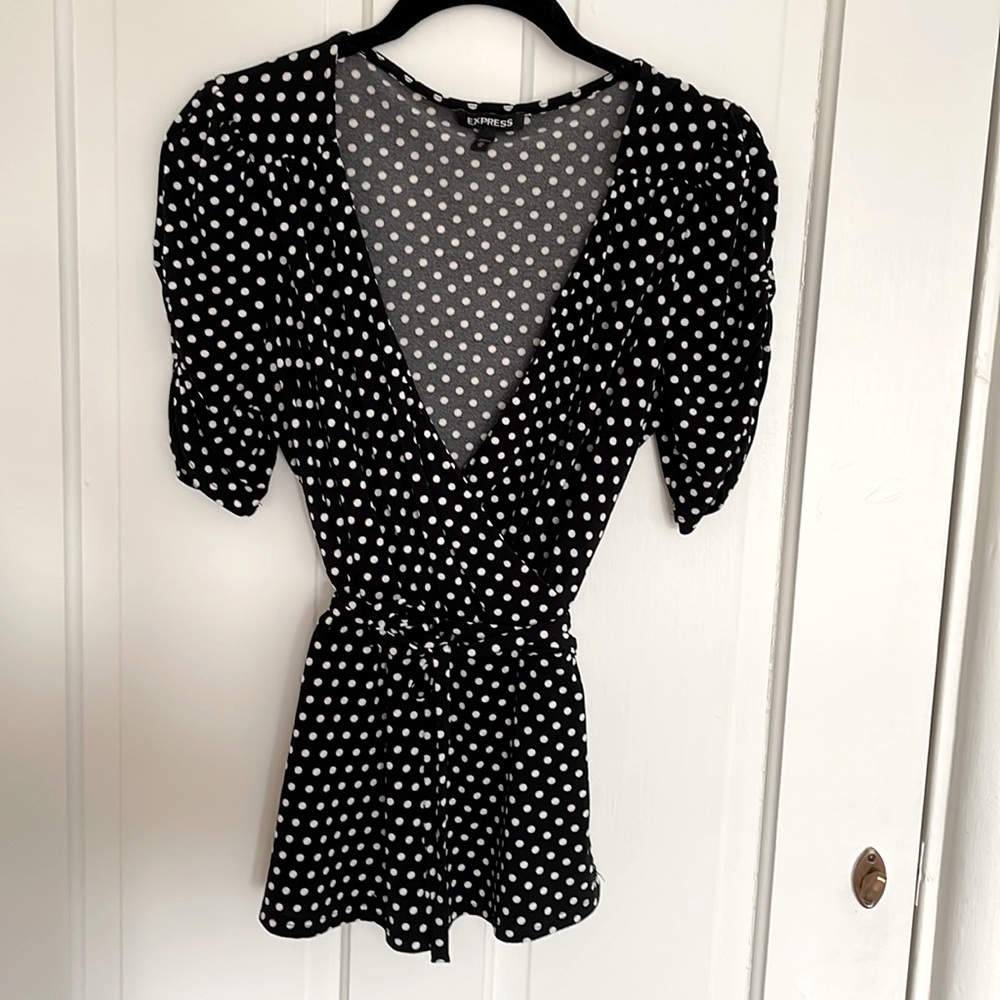 Express Black & White Polka Dot Wrap Top